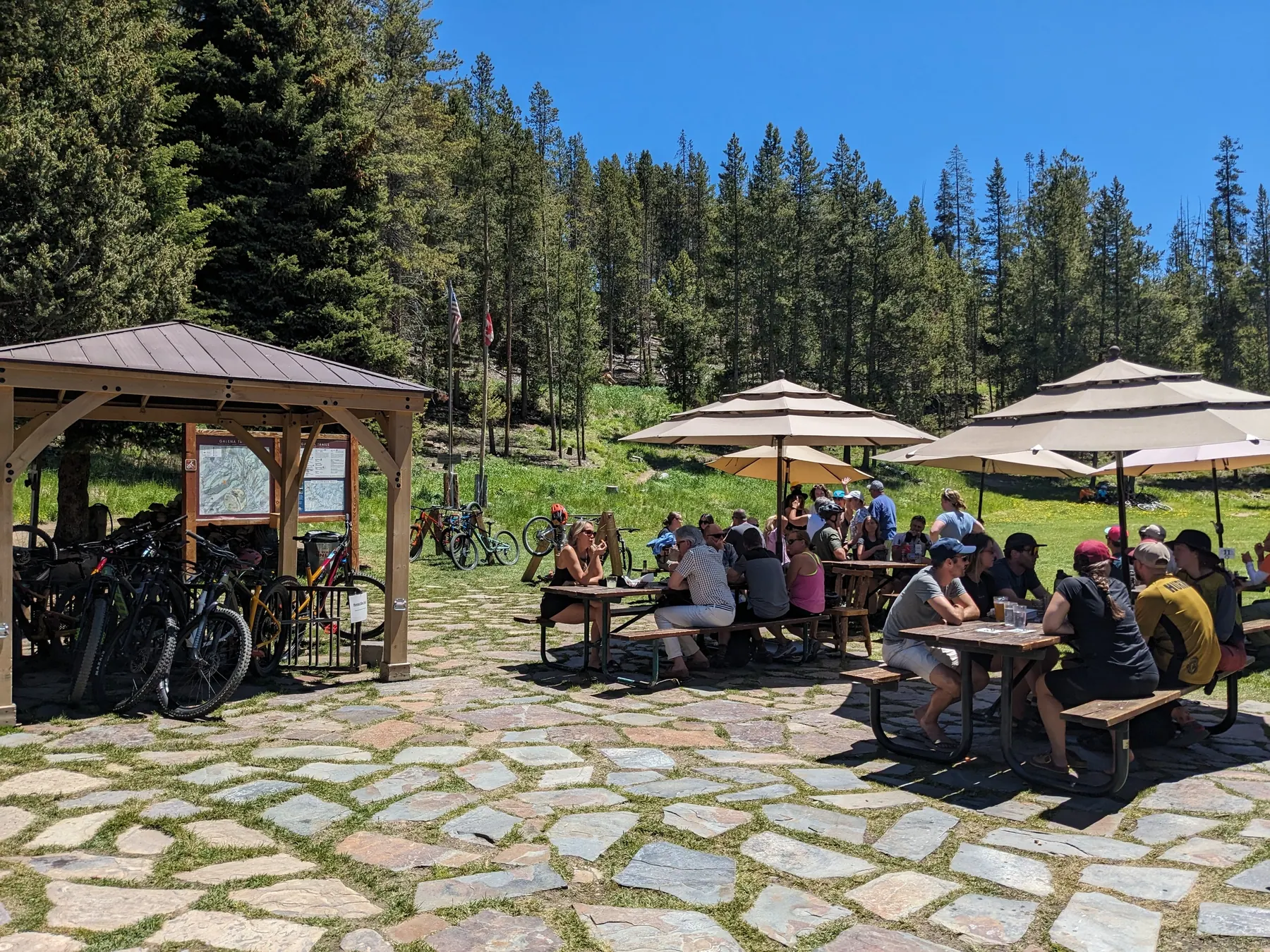 Thursday BBQ crowd at the picnic tables under umbrellas